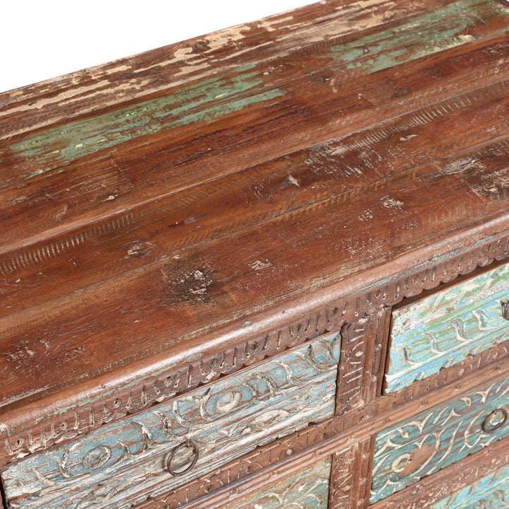 Surface Of Carved Chest Of 10 Drawers Made From Reclaimed Teak | Indigo Antiques