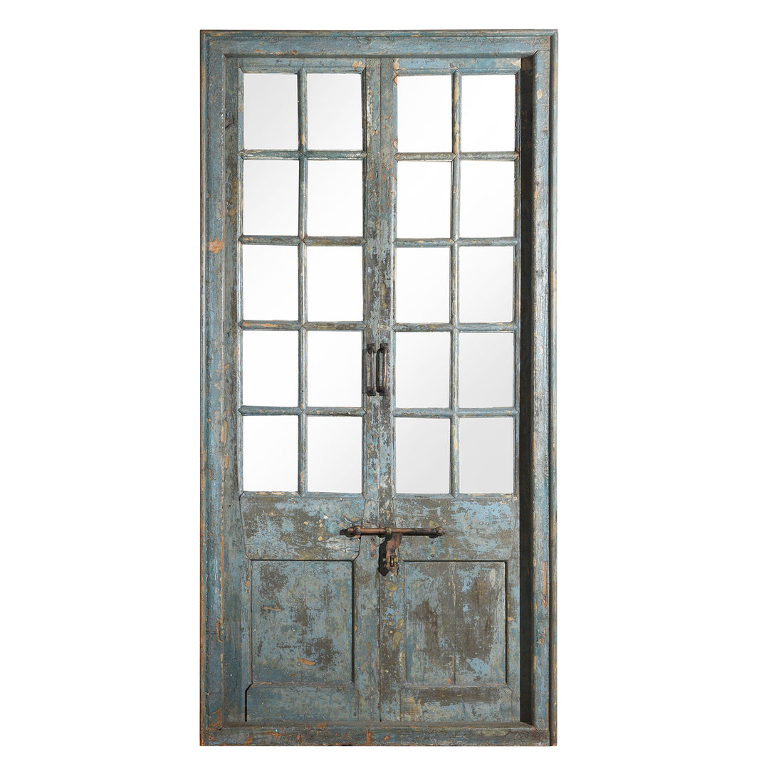 Painted Cedar Glass Panelled Indian Door From Shimla - 19thC | Indigo Antiques