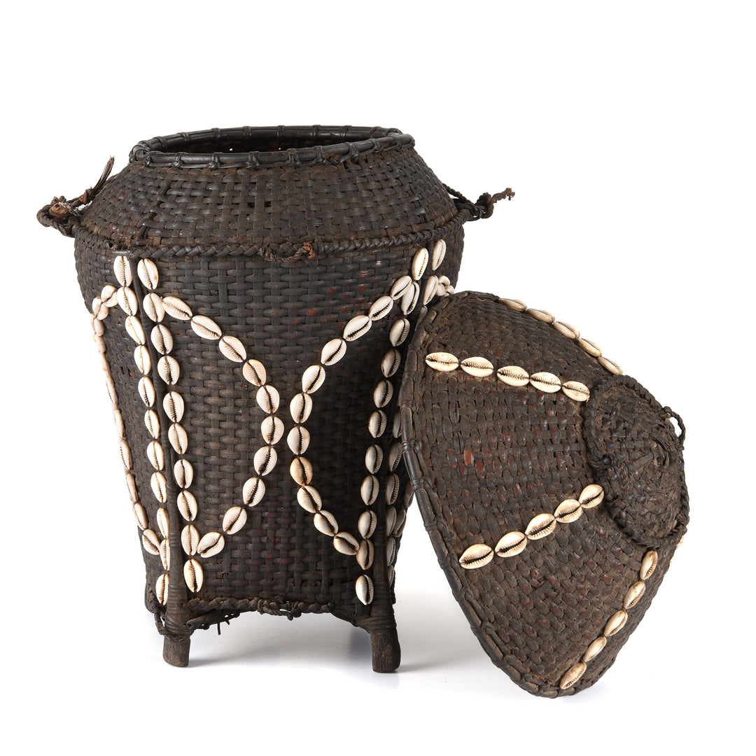 Lid Open View Of Cowrie Decorated Tribal Basket From Nagaland - Ca 1930 | Indigo Antiques