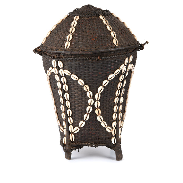 Cowrie Decorated Tribal Basket From Nagaland - Ca 1930