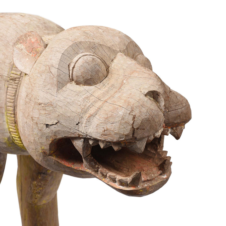 Face Detail From Carved Wood Tiger Statue From Bhutia Tribe - Ca 1920 | Indigo Antiques