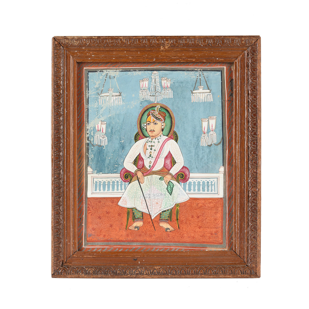 Antique Framed Watercolour Of a Maharajah From Rajasthan - 19th Century | Indigo Antiques
