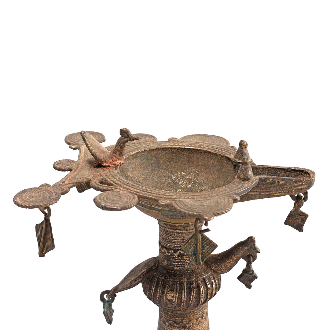 Detail From Antique Brass Dhokra Work Bastar Oil Lamp From Chhattisgarh - Ca 1910 | Indigo Antiques