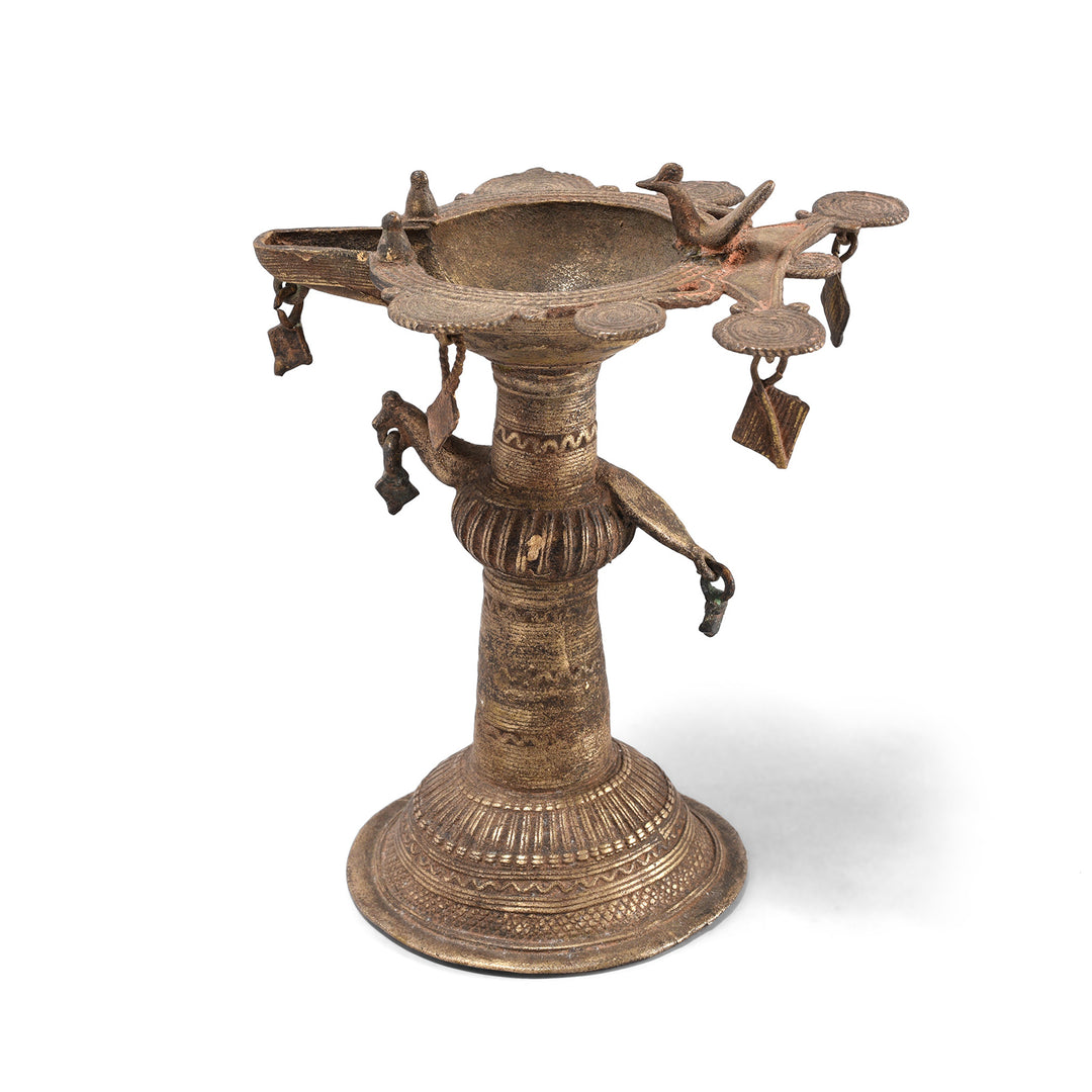 Antique Brass Dhokra Work Bastar Oil Lamp From Chhattisgarh - Ca 1910 | Indigo Antiques