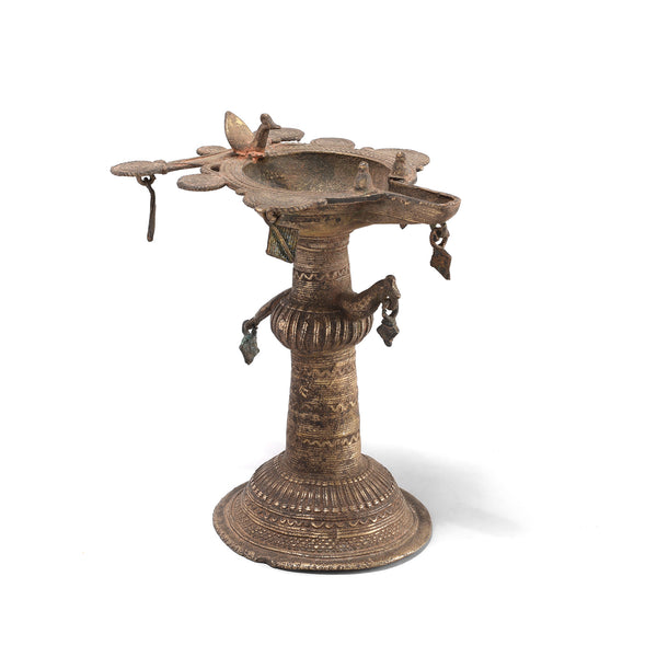 Brass Dhokra Work Bastar Oil Lamp From Chhattisgarh - Ca 1910