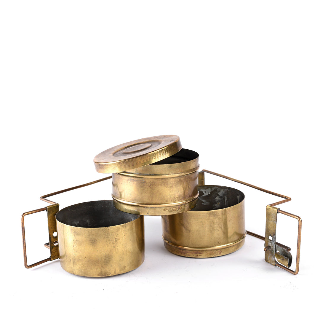 Deconstructed View Of Indian Vintage Brass Tiffin Box - Ca 1950's | INDIGO ANTIQUES