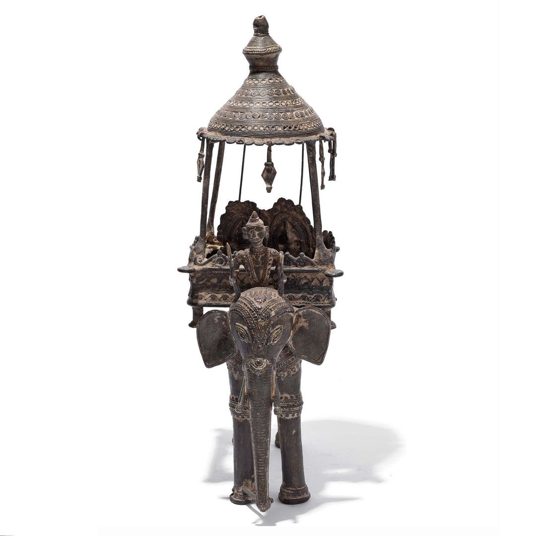 Front View Of Brass Dhokra Work Jali Elephant & Riders From Orissa - 19thC | Indigo Antiques
