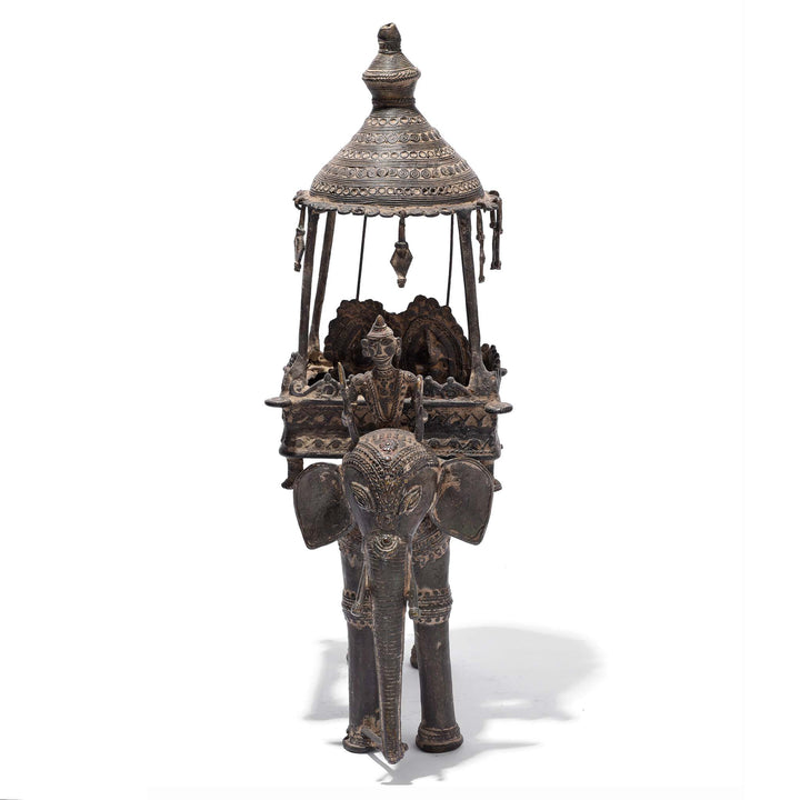 Front View Of Brass Dhokra Work Jali Elephant & Riders From Orissa - 19thC | Indigo Antiques