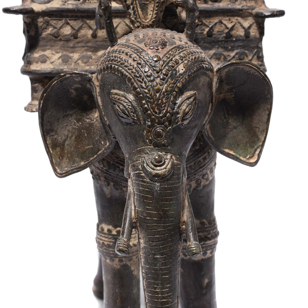 Elephant Face Detail From Brass Dhokra Work Jali Elephant & Riders From Orissa - 19thC | Indigo Antiques
