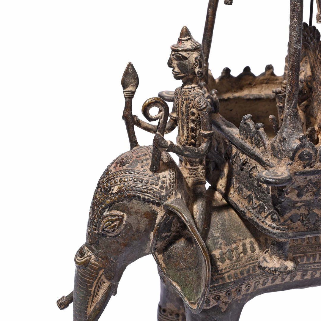 Angled Rider Detail From Brass Dhokra Work Jali Elephant & Riders From Orissa - 19thC | Indigo Antiques