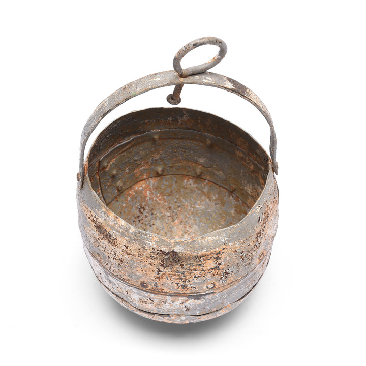 Interior Of Grey Vintage Well Buckets From Rajasthan For Hanging Planter | Indigo Antiques