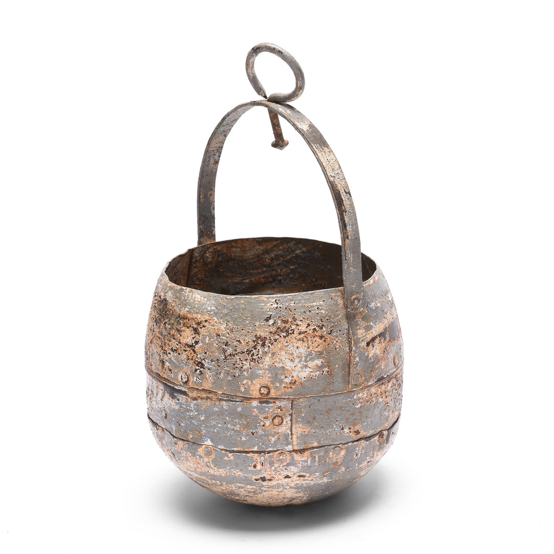 Angled View Of Grey Vintage Well Buckets From Rajasthan For Hanging Planter | Indigo Antiques