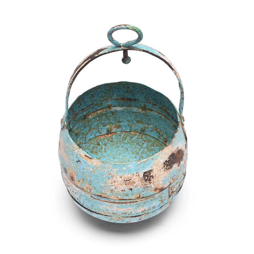 Blue Interior Detail Of Vintage Well Buckets From Rajasthan For Hanging Planter | Indigo Antiques