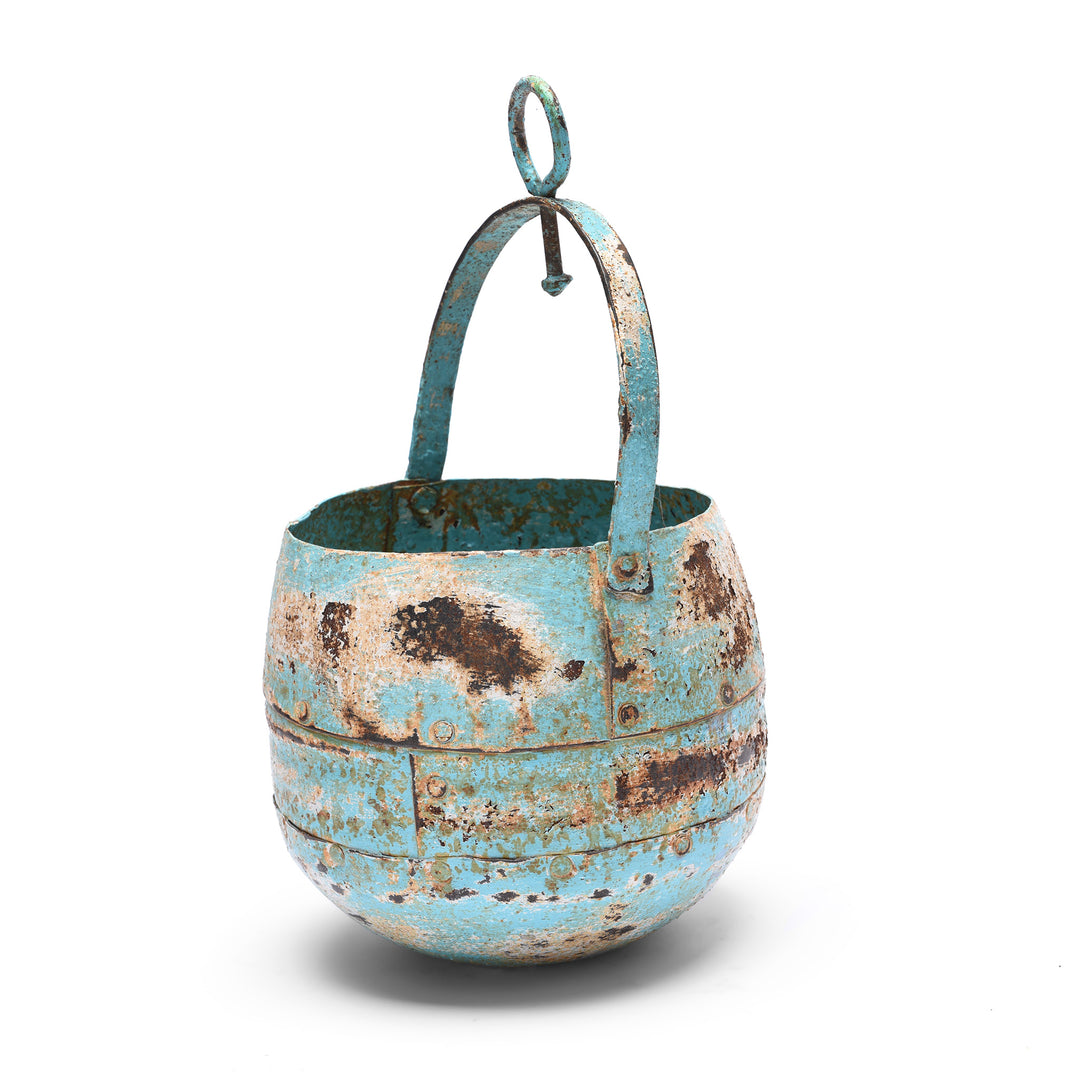 Angled View Of Blue Vintage Well Buckets From Rajasthan For Hanging Planter | Indigo Antiques