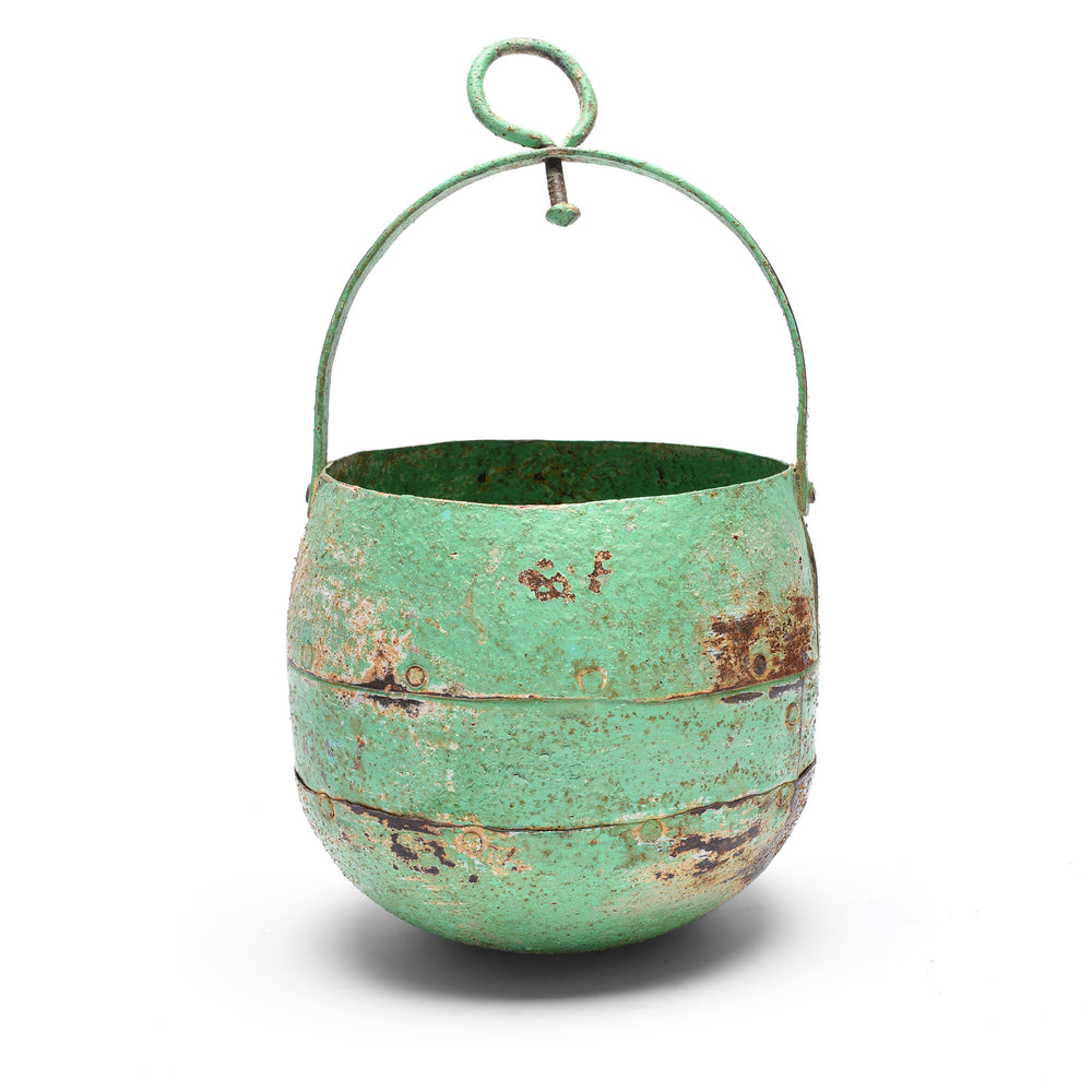 Green Vintage Well Buckets From Rajasthan For Hanging Planter | Indigo Antiques