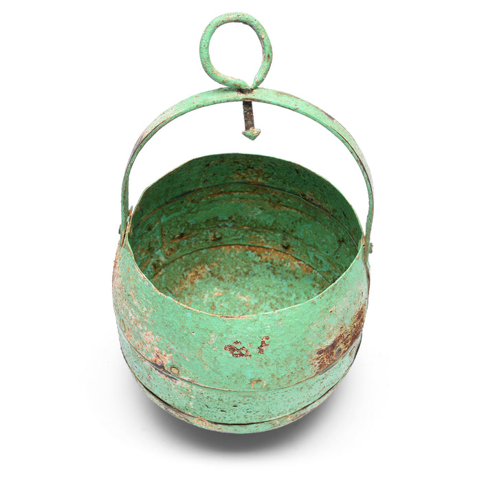 Interior Of Green Vintage Well Buckets From Rajasthan For Hanging Planter | Indigo Antiques