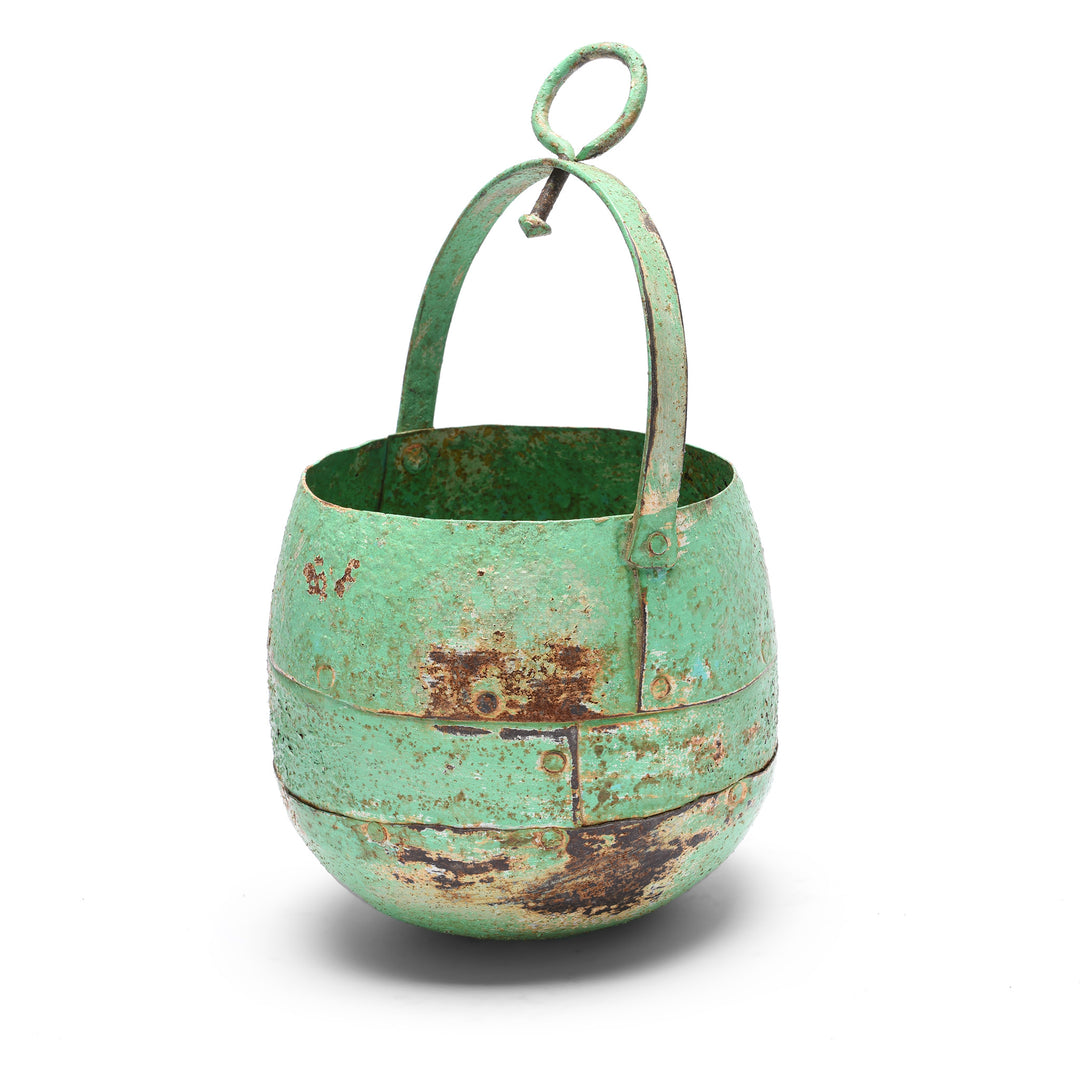 Angled View Of Green Vintage Well Buckets From Rajasthan For Hanging Planter | Indigo Antiques