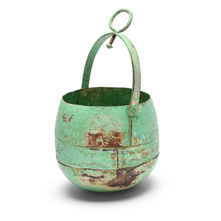 Angled View Of Green Vintage Well Buckets From Rajasthan For Hanging Planter | Indigo Antiques