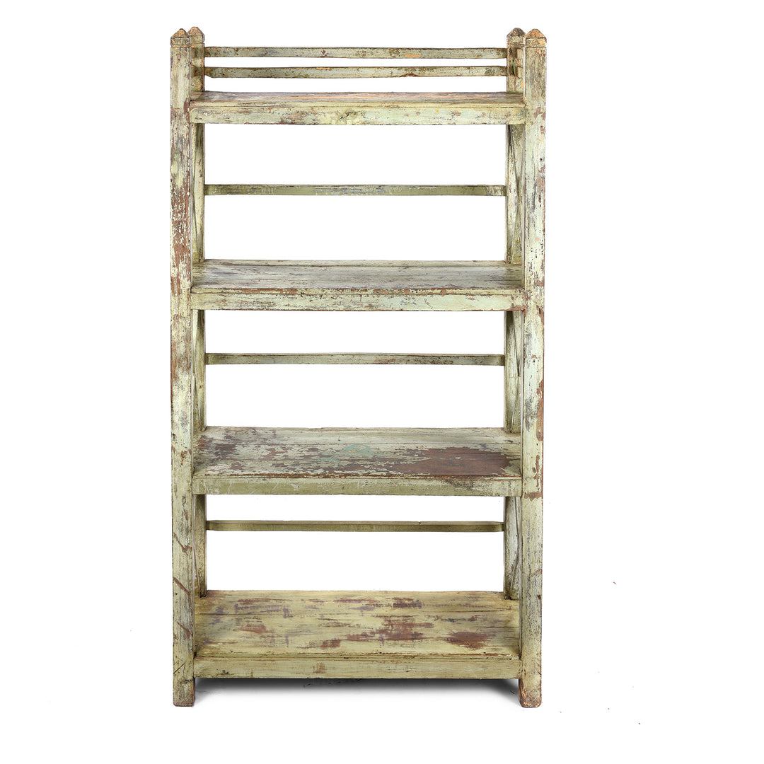 Front On View Of Vintage Green Painted Indian Teak Shelf - Ca 1930 | Indigo Antiques