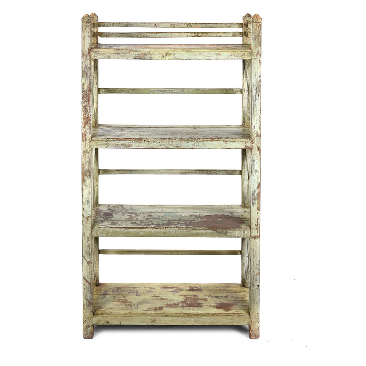 Front On View Of Vintage Green Painted Indian Teak Shelf - Ca 1930 | Indigo Antiques