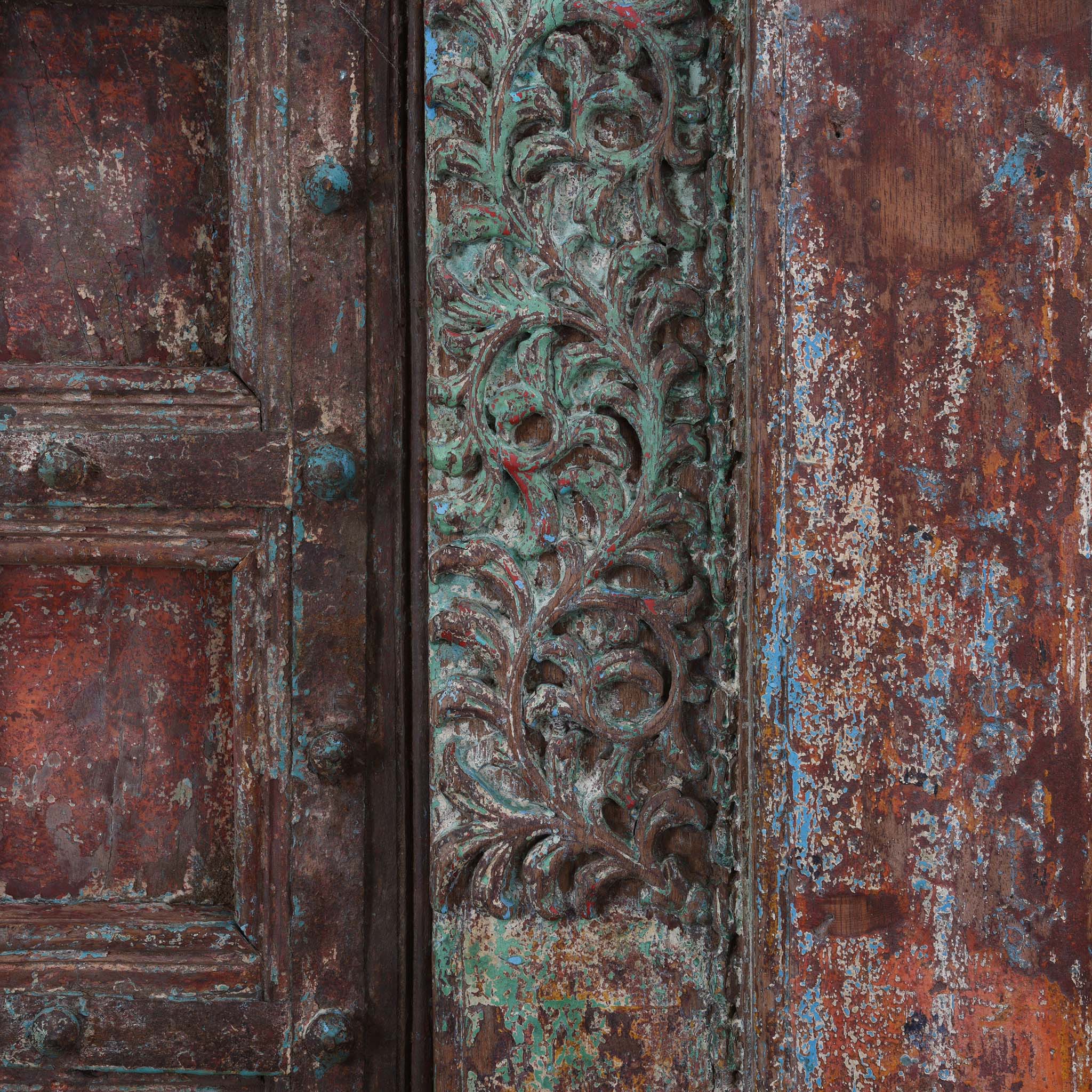Carving And Paintwork Detail From Painted Indian Reclaimed Door From Patan - 19thC | Indigo Antiques