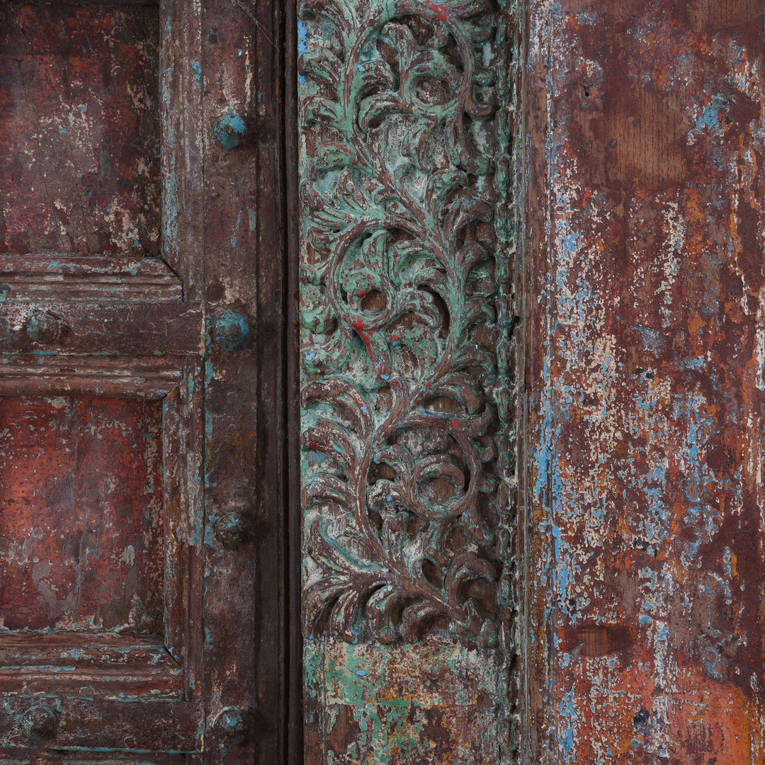 Carving And Paintwork Detail From Painted Indian Reclaimed Door From Patan - 19thC | Indigo Antiques