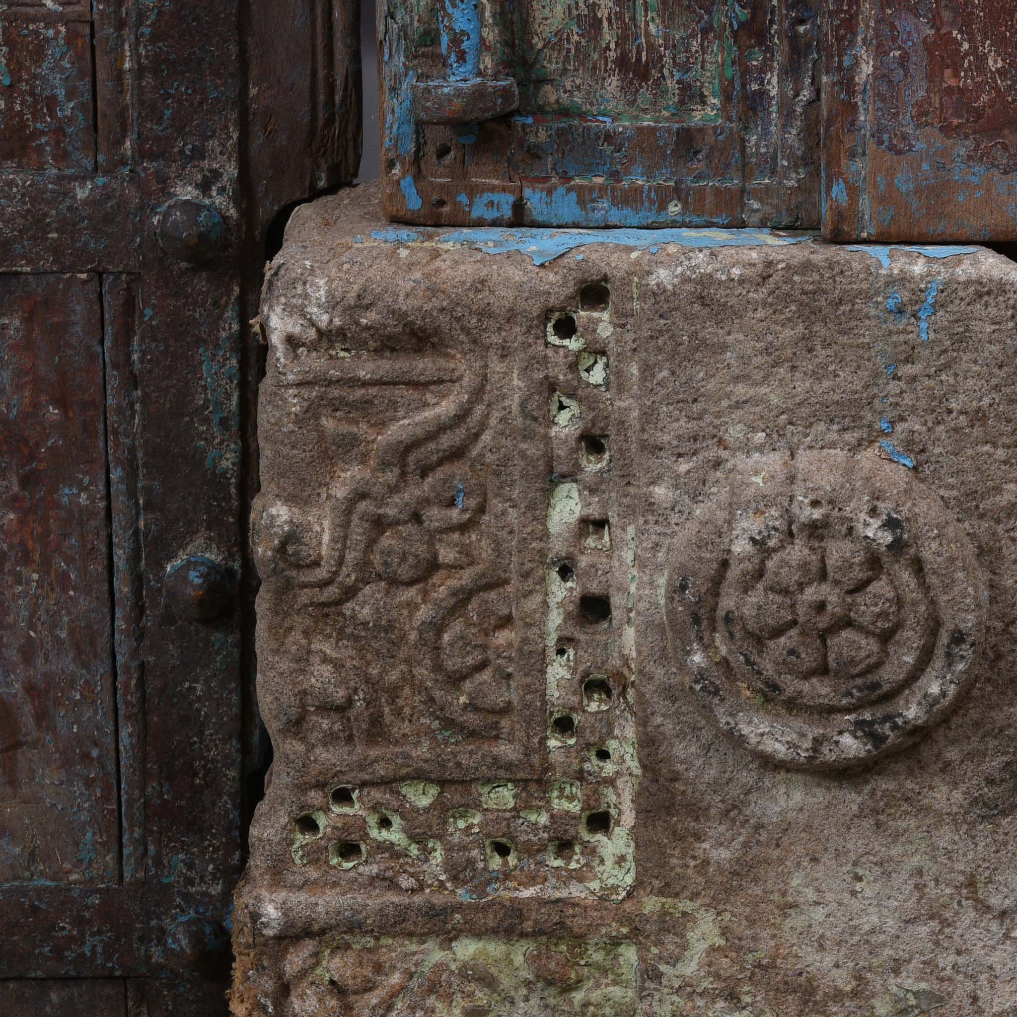 Stonework Carving Detail From Painted Indian Reclaimed Door From Patan - 19thC | Indigo Antiques