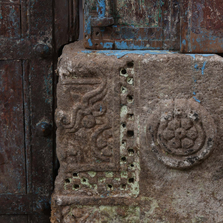 Stonework Carving Detail From Painted Indian Reclaimed Door From Patan - 19thC | Indigo Antiques