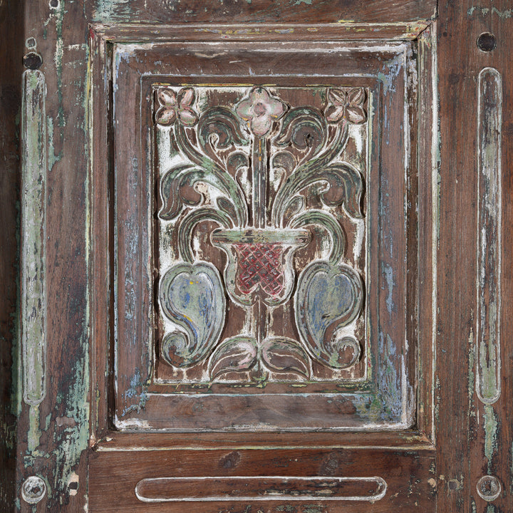 Carving Detail From Old Painted Indian Doors From Gujarat - 19thC | Indigo Antiques