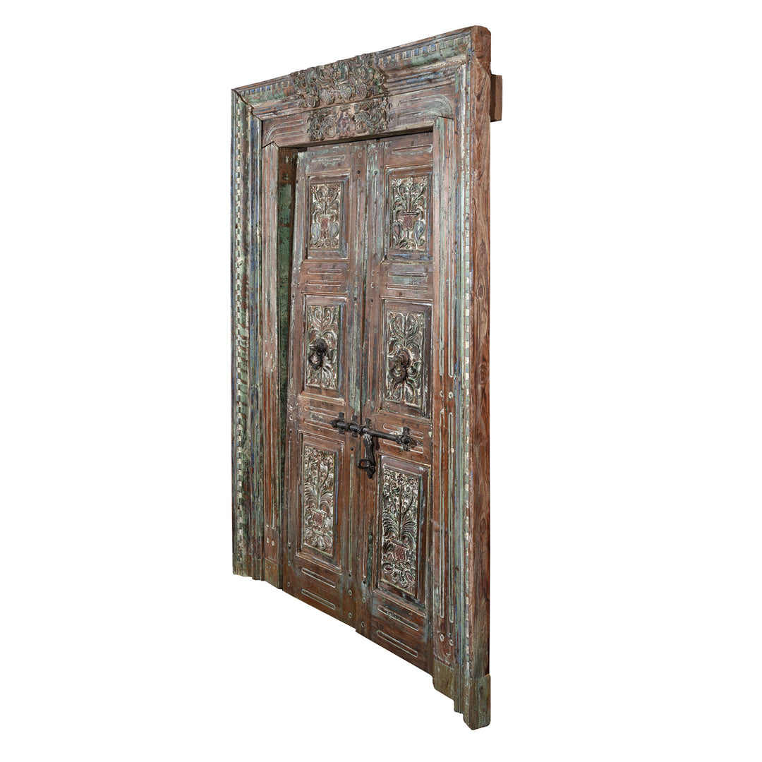 Angled View Of Old Painted Indian Doors From Gujarat - 19thC | Indigo Antiques