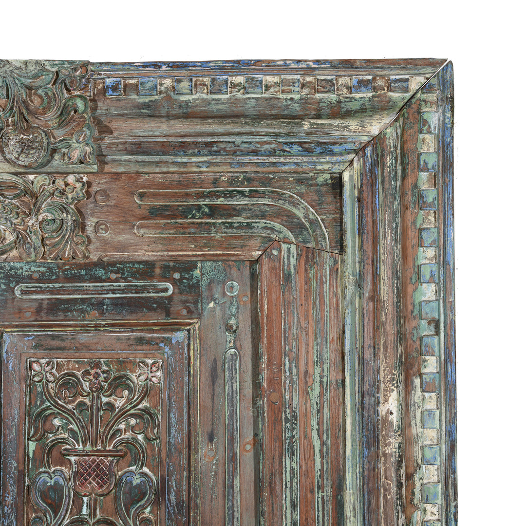 Corner Detail Of Old Painted Indian Doors From Gujarat - 19thC | Indigo Antiques
