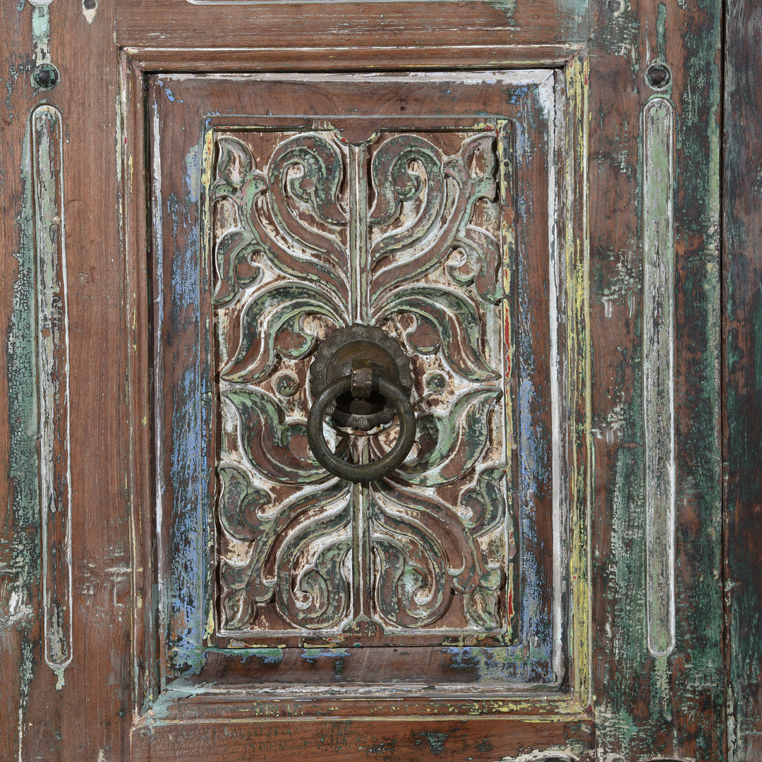 Knocker And Carving Detail Of Old Painted Indian Doors From Gujarat - 19thC | Indigo Antiques