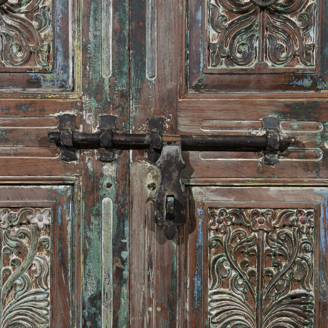 Front Latch Detail On Old Painted Indian Doors From Gujarat - 19thC | Indigo Antiques