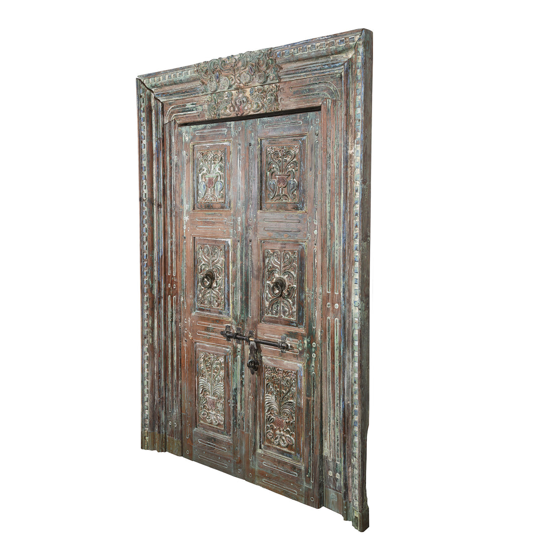 Angled View Of Old Painted Indian Doors From Gujarat - 19thC | Indigo Antiques