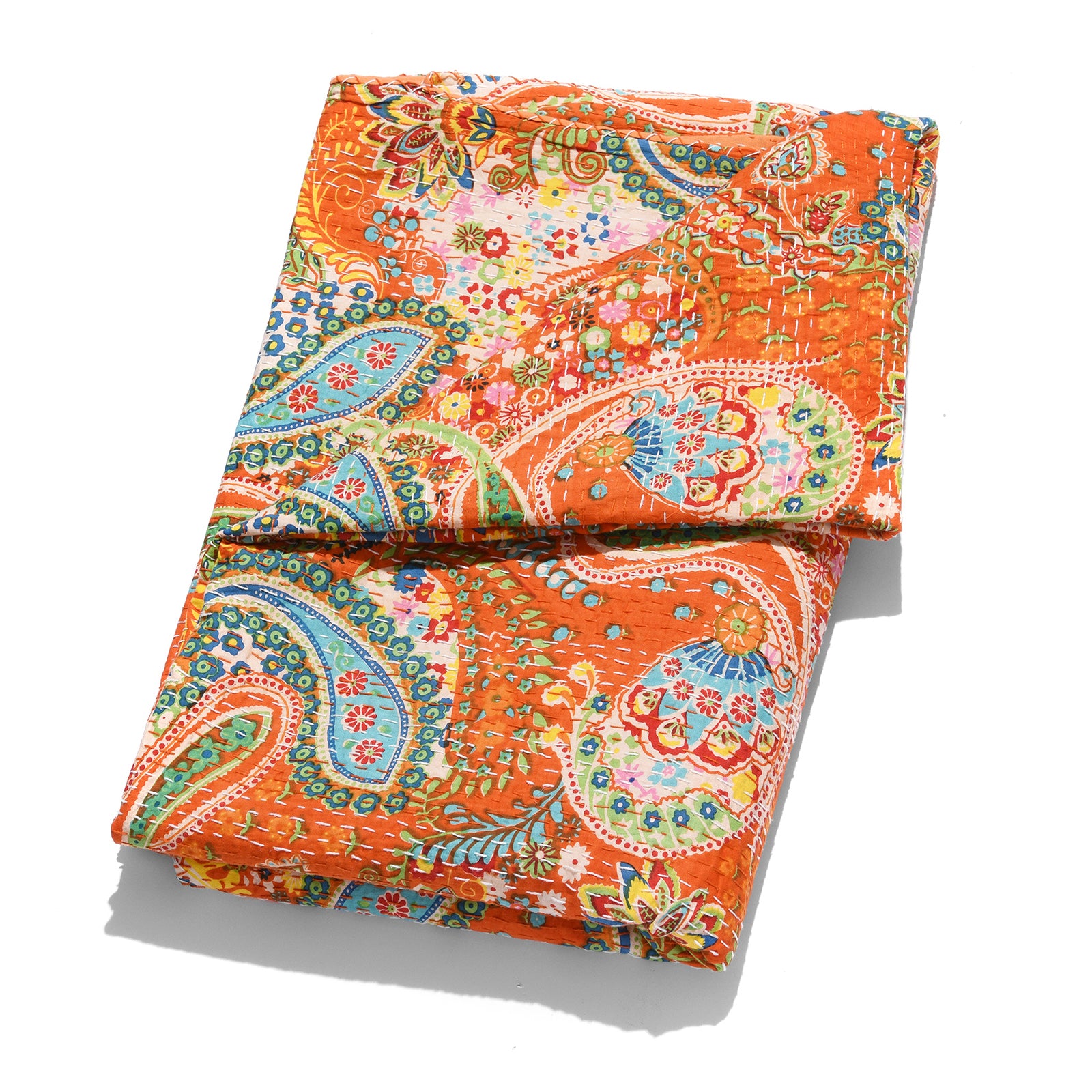 Orange Paisley Hand Block Printed Cotton Kantha Throw  - Double bed Size | Indigo Antiques