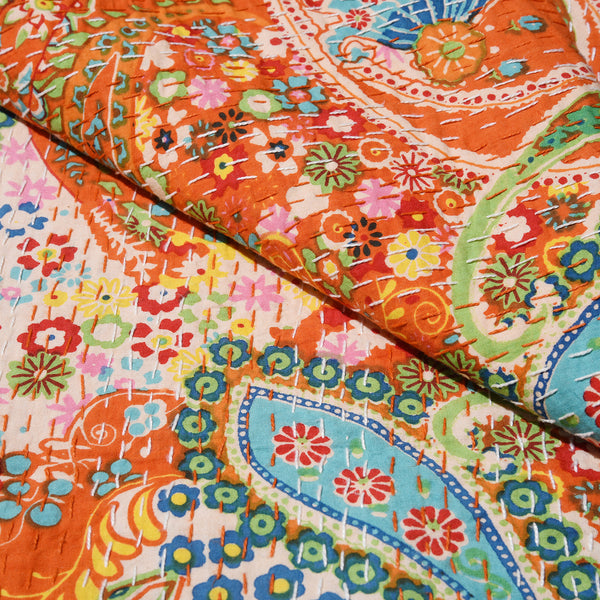 Orange Paisley Hand Block Printed Cotton Kantha Throw - Double bed Size
