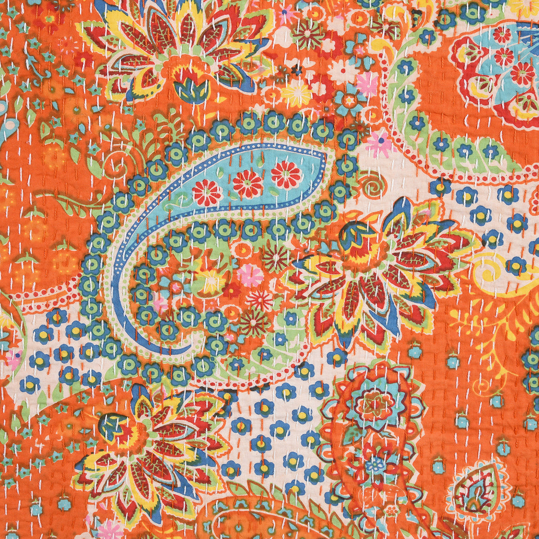 Orange Paisley Hand Block Printed Cotton Kantha Throw  - Double bed Size | Indigo Antiques
