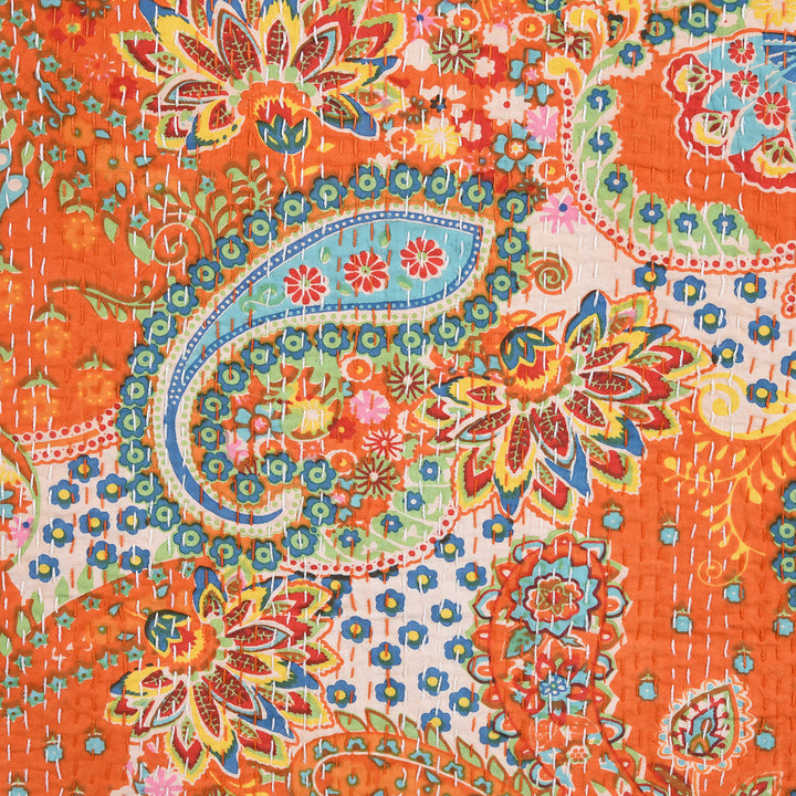Orange Paisley Hand Block Printed Cotton Kantha Throw  - Double bed Size | Indigo Antiques