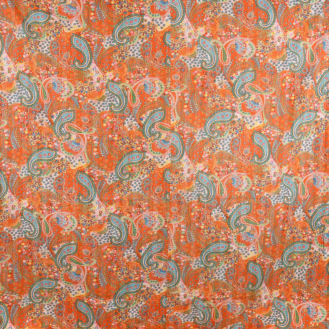 Orange Paisley Hand Block Printed Cotton Kantha Throw  - Double bed Size | Indigo Antiques