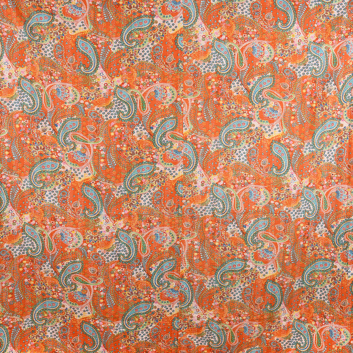Orange Paisley Hand Block Printed Cotton Kantha Throw  - Double bed Size | Indigo Antiques