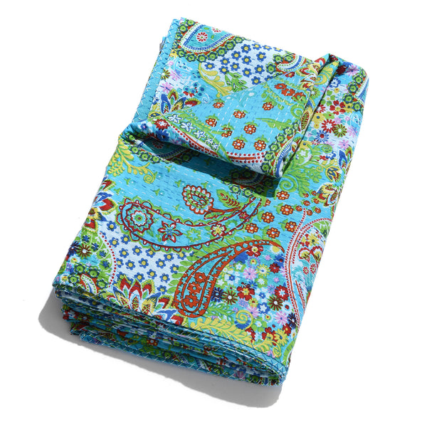 Turquoise Paisley Hand Block Printed Cotton Kantha Throw  - Double bed Size