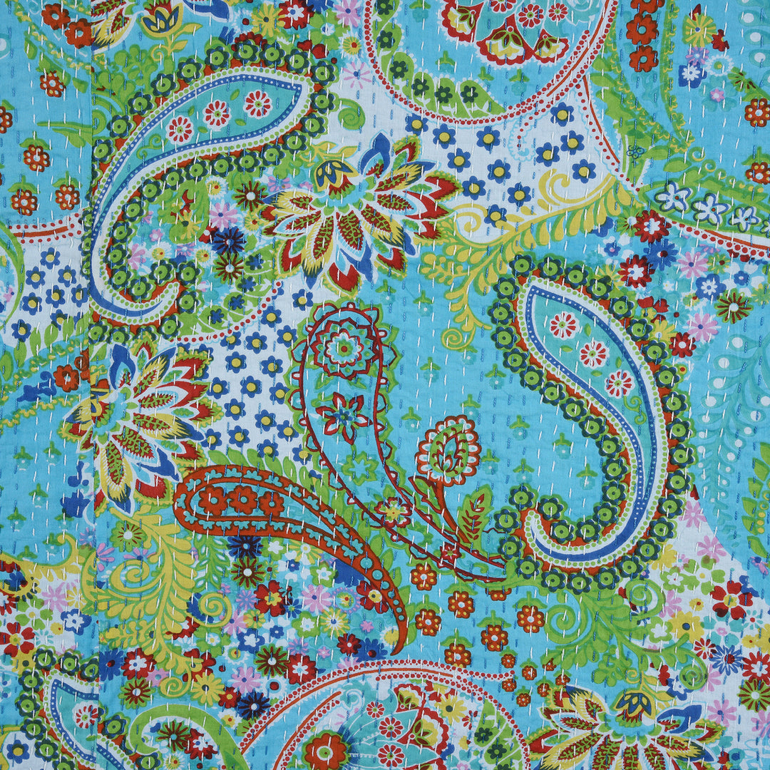 Turquoise Paisley Hand Block Printed Cotton Kantha Throw  - Double bed Size | Indigo Antiques