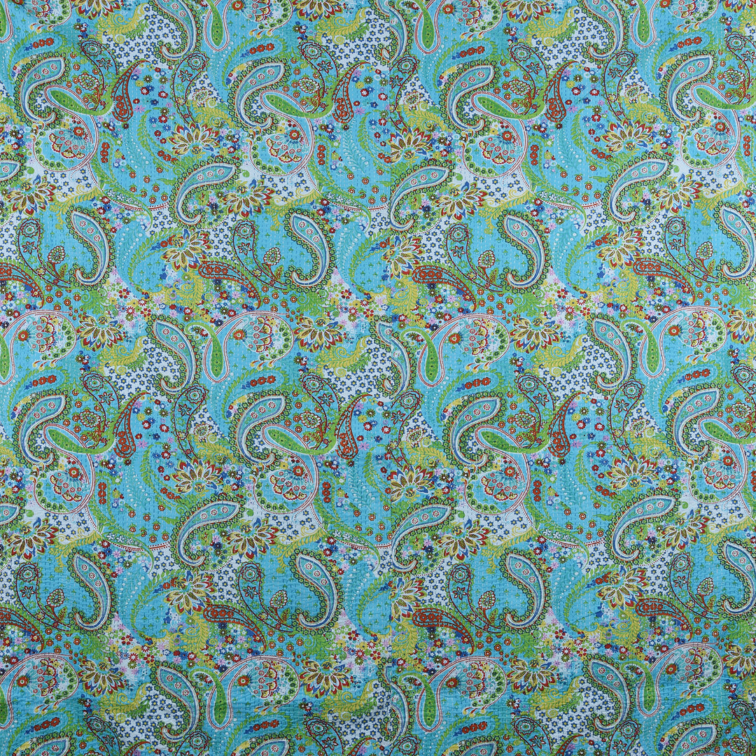 Turquoise Paisley Hand Block Printed Cotton Kantha Throw  - Double bed Size | Indigo Antiques