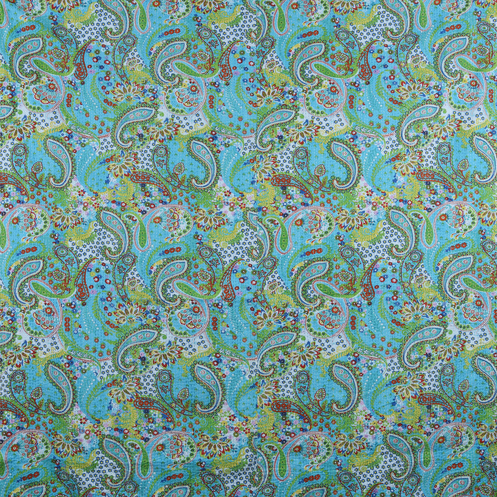 Turquoise Paisley Hand Block Printed Cotton Kantha Throw  - Double bed Size | Indigo Antiques