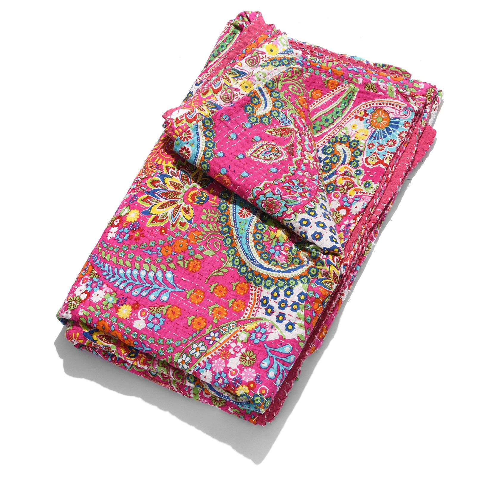 Pink Paisley Hand Block Printed Cotton Kantha Throw  - Double bed Size | Indigo Antiques