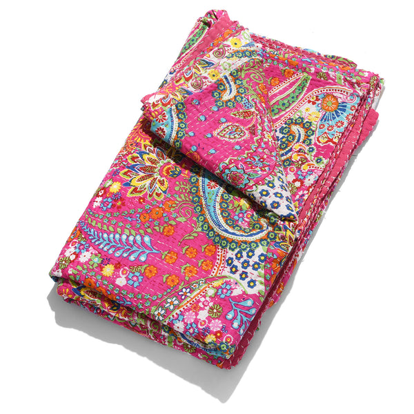 Pink Paisley Hand Block Printed Cotton Kantha Throw  - Double bed Size