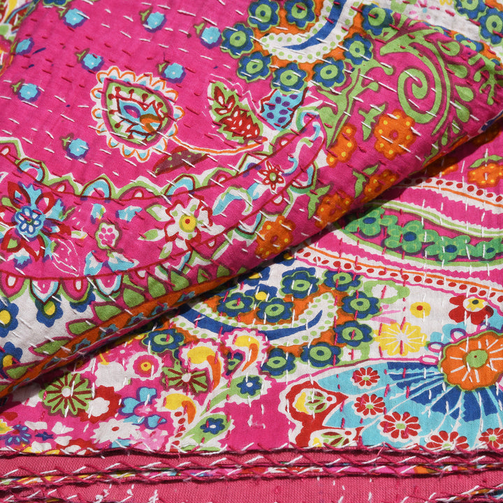 Pink Paisley Hand Block Printed Cotton Kantha Throw  - Double bed Size | Indigo Antiques
