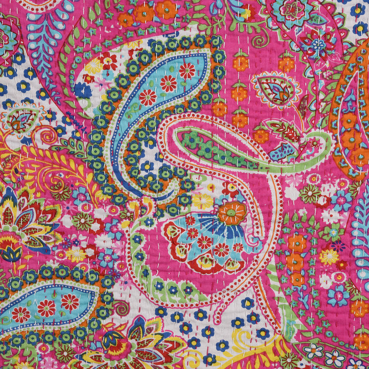 Pink Paisley Hand Block Printed Cotton Kantha Throw  - Double bed Size | Indigo Antiques