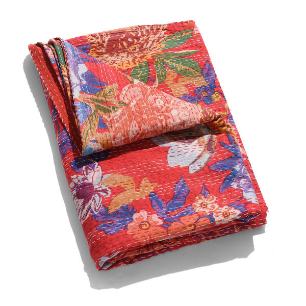 Red Floral Hand Block Printed Cotton Kantha Throw  - Double bed Size