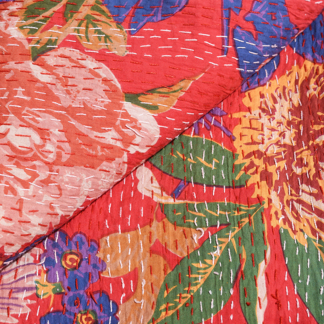 Red Floral Hand Block Printed Cotton Kantha Throw  - Double bed Size
